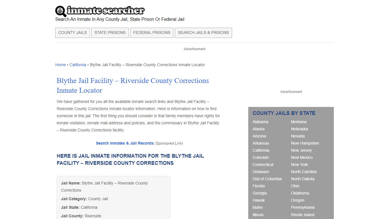 Blythe Jail Facility - Riverside County Corrections Inmate Locator ...